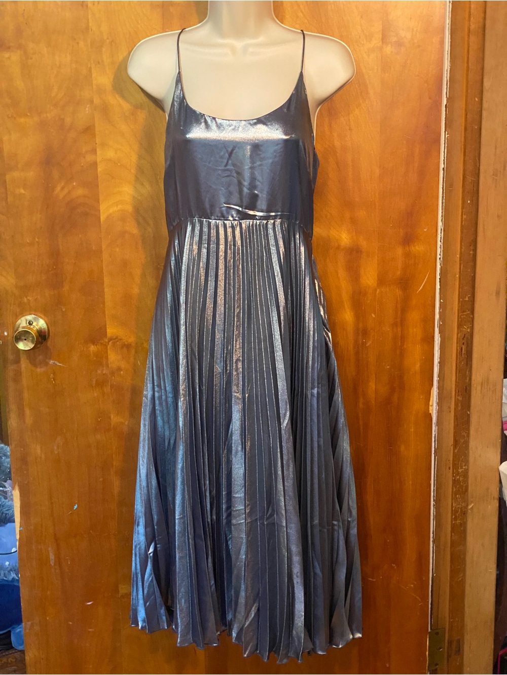 Free People gunmetal silver satin midi dress,pleated flared skirt,cami straps,12